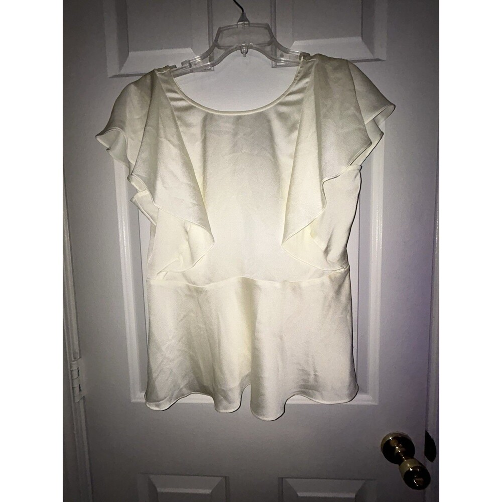 DKNY Ivory Woven Polyester Blouse Ruffle Flutter Short Sleeve V-Neck Sz M